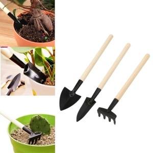 Unelte de grădinărit cu mâner din lemn 20 cm, set 3 piese - Img 3