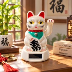 Pisica norocoasă Maneki Neko albă cu lumină solară, 12 cm