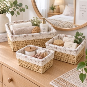 Set 3 coșuri de depozitare din material textil, hârtie și fier