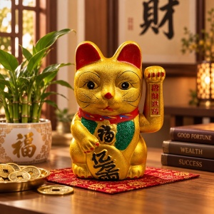 Pisica norocoasă Maneki Neko aurie 16 x 12 cm
