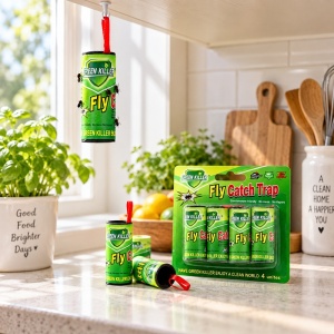 Set 4 benzi adezive anti-muște, rulou cu adeziv puternic, model verde