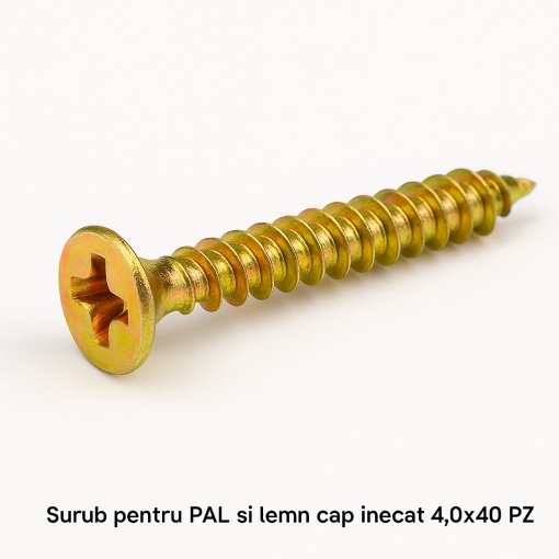 Șurub pentru PAL și lemn, cap încastrat 4,0x40 mm, PZ2 – Zincat Galben 100 buc