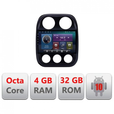 NAVIGATIE CARPAD ANDROID 10 DEDICATA JEEP COMPASS 2010-2016 ECRAN 9" CAPACITIV INTERNET 3G WIFI PROCESOR OCTA CORE 4GB RAM 32GB 1,6 GHZ DVR CARKIT BLUETOOTH MIRROR LINK MODEL KIT-2500+EDT-E410