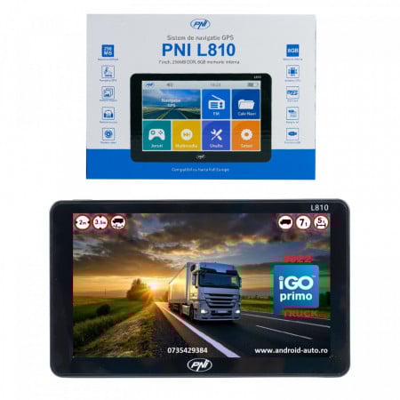 Sistem de navigatie GPS PNI L810 ecran 7 inch 800 MHz 256MB DDR 8GB memorie interna FM transmitter Harti Incluse pentru Camioane si Autoturisme Rulote Autocare