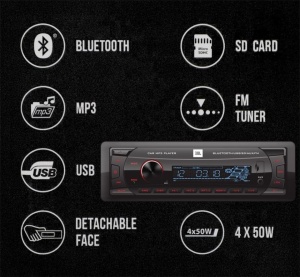 Player auto 1 DIN JBL Celebrity 100 by Harman Kardon, 4 x 50W Radio FM cu streaming Bluetooth A2DP si sistem hands-free pentru masina cu panou detasabil, USB, SD, AUX si iesiri RCA, leduri rosii