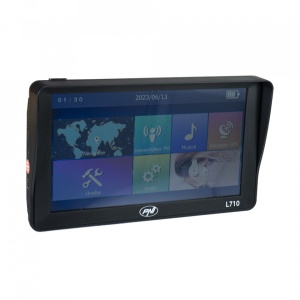 Sistem de navigatie GPS PNI L710 cu parasolar 7 inch 800 MHz 256MB DDR 16GB memorie interna FM transmitter cu doua alimentatoare auto incluse Harti Incluse pentru Camioane si Autoturisme Rulote Autocare