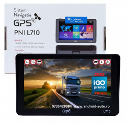 Sistem de navigatie GPS PNI L710 cu parasolar 7 inch 800 MHz 256MB DDR 16GB memorie interna FM transmitter cu doua alimentatoare auto incluse Harti Incluse pentru Camioane si Autoturisme Rulote Autocare