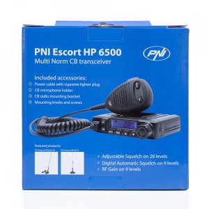 Statie radio CB PNI Escort HP 6500, multistandard, 4W, AM-FM, 12V, ASQ, RF Gain, mufa de bricheta inclusa AM/FM comutati doar in banda EU