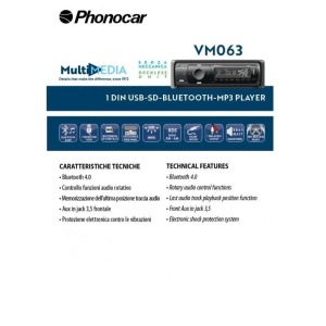 Player auto 1 DIN PHONOCAR VM063, 4 x 50W Radio AM FM cu streaming Bluetooth A2DP si sistem hands-free pentru masina cu USB, SD, AUX, leduri albe.