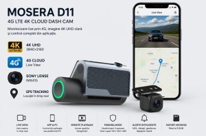 Camera auto DVR MOSERA D11 4G Cloud 4K UHD Sony IMX415, GPS, Wi-Fi 6, monitorizare live, Night Vision, Parking Mode + cameră spate Full HD 1080P, aplicatie mobil + PC