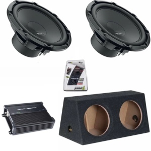 Pachet 2 x Subwoofer auto Hertz Cento CS 300W + Amplificator Deaf Bonce Machete MFA 1.1000 + Kit de cabluri complet
