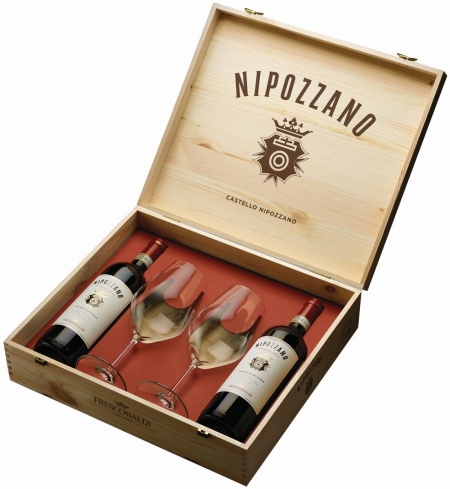 Pachet Vin 2 Sticle Nipozzano Riserva Chianti Rufina Rosu Frescobaldi DOCG 0.75l + Pahare + Cutie Lemn