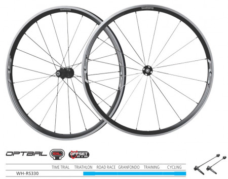 ROTI SHIMANO WH-RS330 FATA & SPATE 16H/21H 10/11 VIT. JANTA CLINCHER NEAGRA CU BANDA STICKER STANDARD QR 168MM NEGRU AMBALAT IND.