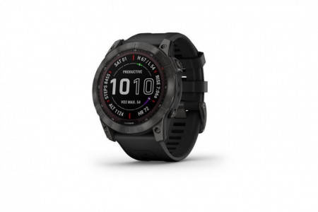 Ceas Garmin Fenix 7S Sapphire Solar Rama Gri Inchis Titanium DLC si Curea din Silicon Neagra
