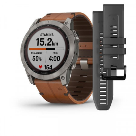 Ceas Garmin Fenix 7X Sapphire Solar Titan cu brăţară de piele Chestnut