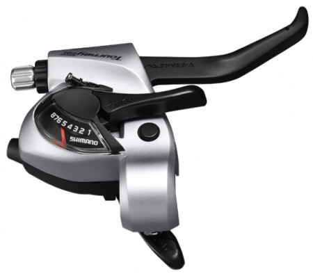 MANETA SCHIMBATOR/FRANA SHIMANO TOURNEY ST-TX800-R DREAPTA 8 VIT. CABLU 2050MM 2 DEGETE PT. V-BRAKE ARGINTIU AMBALAT IND.
