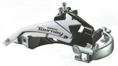 SCHIMBATOR FATA SHIMANO TOURNEY FD-TY500-TS3 TRIPLU PT. 6/7 VIT. PE SPATE TOP SWING TRAGERE DUBLA COLIER 34.9MM (INCL. ADAPTOR 31.8MM & 28.6MM) UNGHI CS 63-66 PT. 42T CHAINLINE 47.5/50MM AMBALAT IND.