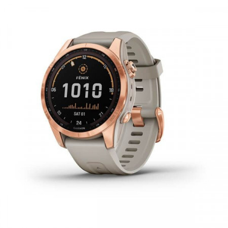 Ceas Garmin Fenix 7S Solar Rama Rose Gold si Curea din Silicon Crem