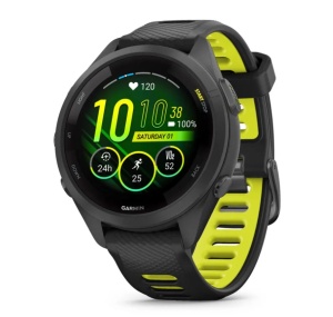 Garmin Forerunner 265S Ramă şi carcasă neagră cu curea din silicon neagră/Amp Yellow