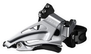 SCHIMBATOR FATA SHIMANO DEORE FD-M618-L DUBLU PT. 10 VIT. PE SPATE LOW CLAMP TOP SWING TRAGERE DE JOS COLIER 34.9MM (INCL. ADAPTOR 28.6 & 31.8MM) UNGHI CS 66-69 NEGRU AMBALAT IND.