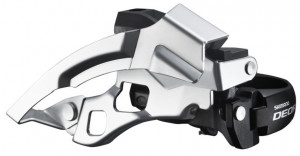 SCHIMBATOR FATA SHIMANO DEORE FD-T610 TRIPLU PT. 10 VIT. PE SPATE TOP SWING TRAGERE DUBLA COLIER 34.9MM (CU ADAPTOR 28.6MM & 31.8MM) PT. 44/48T UNGHI CS 63-66 NEGRU AMBALAT IND.