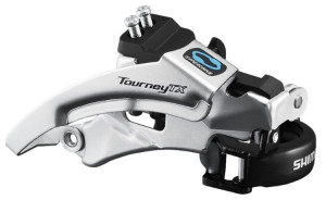 SCHIMBATOR FATA SHIMANO TOURNEY FD-TX800-TS3 TRIPLU PT. 7/8 VIT. PE SPATE TOP SWING TRAGERE DUBLA COLIER 34.9MM (CU ADAPTOR 31.8MM & 28.6MM) CS ANGLE 63-66 PT. 42/48T CL 47.5/50MM AMBALAT IND.