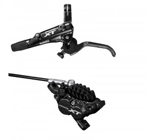 FRANA PE DISC SET ASAMBLAT SHIMANO DEORE XT BL-M8000(L) BR-M8020(F) FARA ADAPTOR PLACUTE RESIN CU ARIPIOARE DE RACIRE FURTUN SM-BH90-SBLS 1000MM NEGRU INCL. OLIVA SI INSERTIE CONECTARE AMBALAT IND.