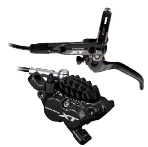 FRANA PE DISC SET ASAMBLAT SHIMANO DEORE XT BL-M8000(R) BR-M8020(F) FARA ADAPTOR PLACUTE RESIN CU ARIPIOARE DE RACIRE FURTUN SM-BH90-SBLS 1000MM NEGRU INCL. OLIVA SI INSERTIE CONECTARE AMBALAT IND.