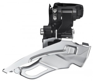 SCHIMBATOR FATA SHIMANO DEORE FD-T611-L TRIPLU PT. 10 VIT. PE SPATE DOWN SWING TRAGERE DUBLA COLIER 34.9MM (CU ADAPTOR 28.6MM & 31.8MM) PT. 44/48T UNGHI CS:63-66 NEGRU AMBALAT IND.