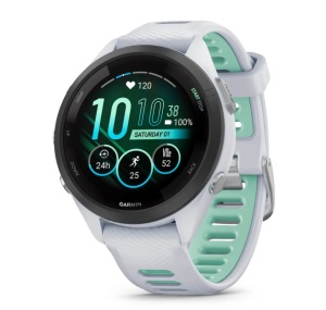 Garmin Forerunner 265S Ramă neagră cu carcasă Whitestone şi curea din silicon Whitestone/Neo Tropic