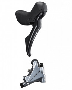 FRANA PE DISC SET ASAMBLAT SHIMANO 105 ST-R7020(R) BR-R7070(R) HIDRAULICA PT. MONTURA 25MM PLACUTE RESIN (CU ARIPIOARE DE RACIRE) CABLU SCHIMBATOR 2200MM CAMASA SP41 600/300MM FURTUN SM-BH90 1700MM ARGINTIU AMBALAT IND.
