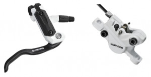 FRANA PE DISC SET ASAMBLAT SHIMANO BL-M505W(R) BR-M447W(R) FARA ADAPTOR PLACUTE RESIN FURTUN SM-BH59 1700MM NEGRU INCL. OLIVA SI INSERTIE CONECTARE ALB AMBALAT IND.