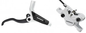 FRANA PE DISC SET ASAMBLAT SHIMANO MANETA BL-M445W(S) ETRIER BR-M447W(F) FARA ADAPTOR PLACUTE RESIN FURTUN 1000MM SM-BH59 NEGRU INCL. OLIVA SI INSERTIE CONECTARE ALB AMBALAT IND.