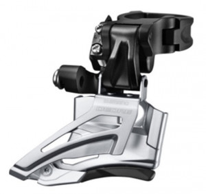 SCHIMBATOR FATA SHIMANO DEORE FD-M618-H DUBLU PT. 10 VIT. PE SPATE HIGH CLAMP DOWN SWING TRAGERE DUBLA COLIER 34.9MM (INCL. ADAPTOR 31.8MM & 28.6MM) UNGHI CS 66-69 NEGRU AMBALAT IND.