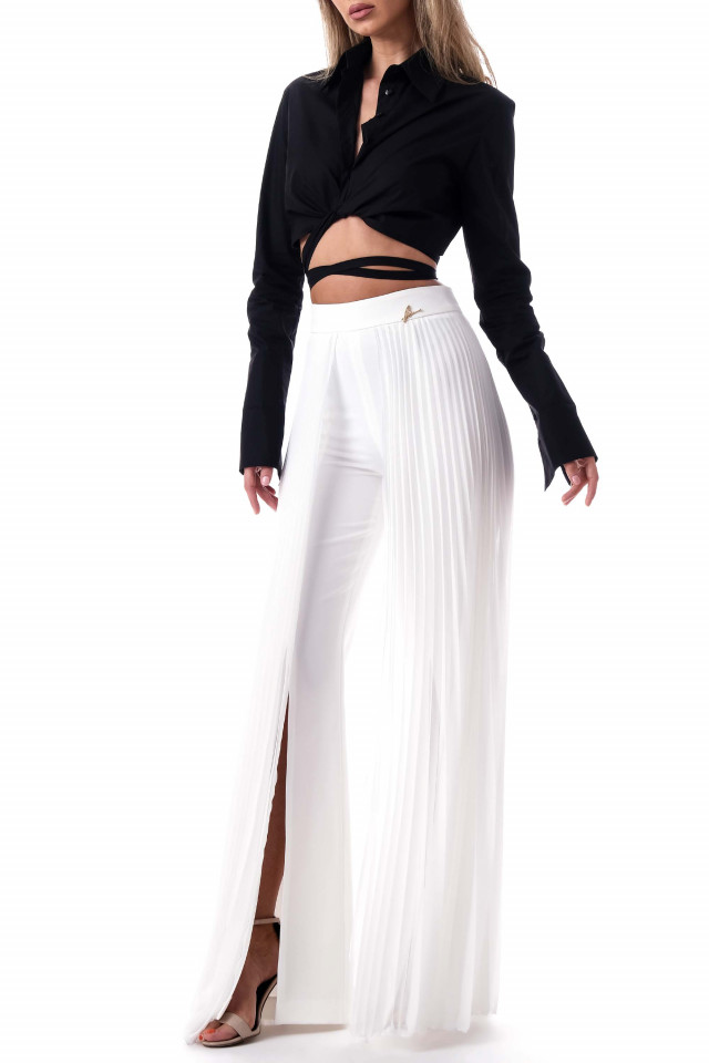 WHITE TROUSERS WITH PLEATED CHIFFON ON THE SIDES