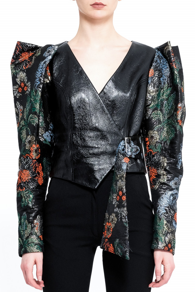 PATENT LEATHER JACKET WITH STRUCTURED BROCARD PUFF SLEEVES