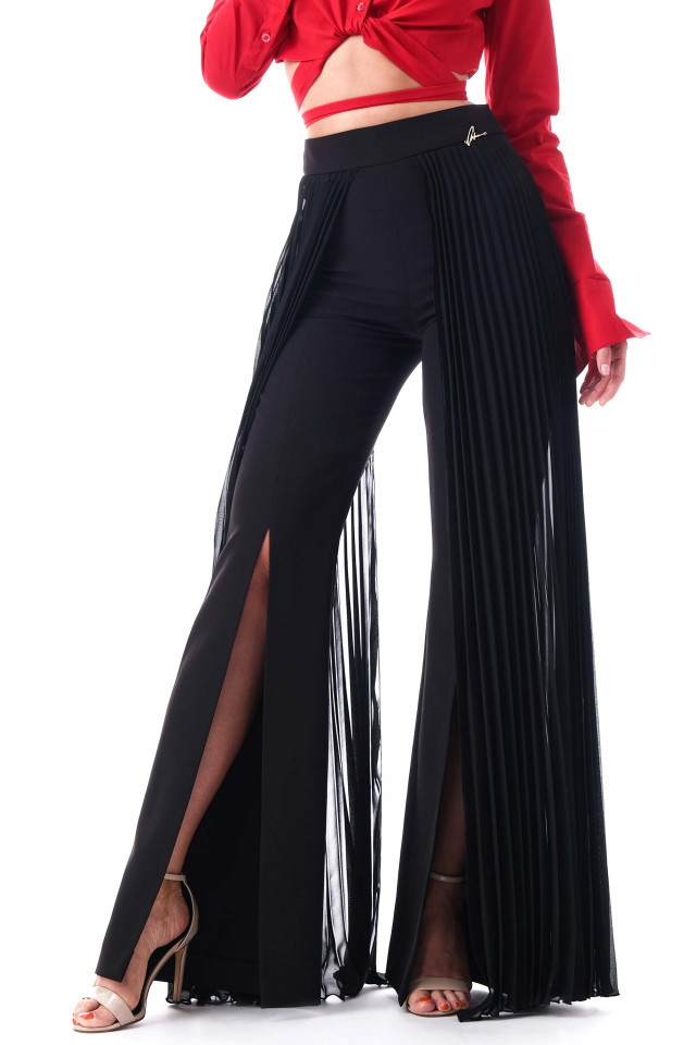 BLACK TROUSERS WITH PLEATED CHIFFON ON THE SIDES