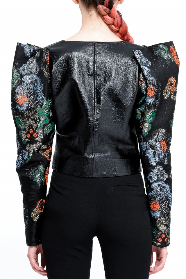 PATENT LEATHER JACKET WITH STRUCTURED BROCARD PUFF SLEEVES