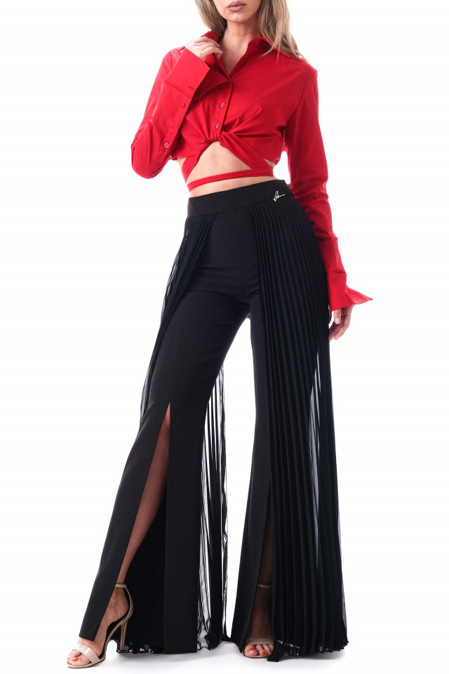 BLACK TROUSERS WITH PLEATED CHIFFON ON THE SIDES