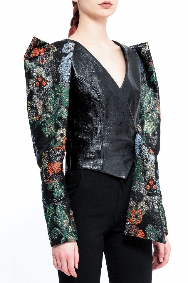 PATENT LEATHER JACKET WITH STRUCTURED BROCARD PUFF SLEEVES