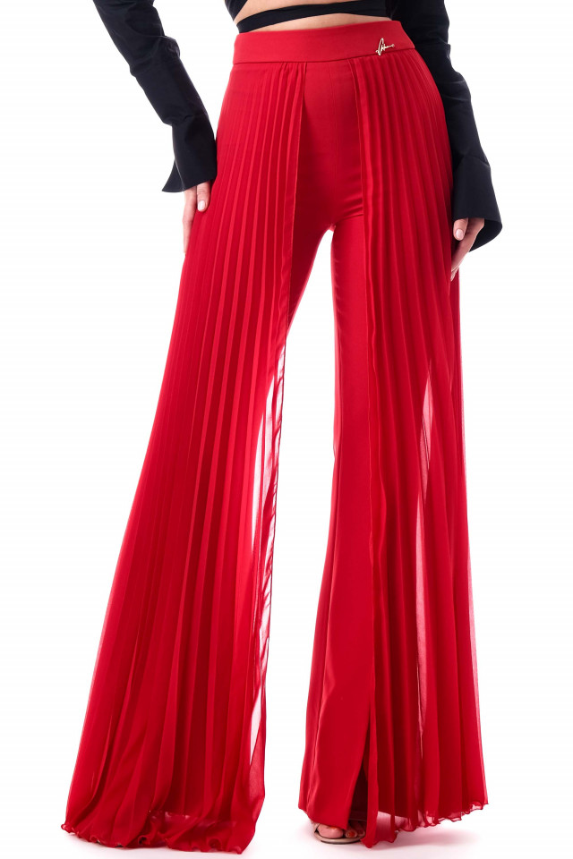 RED TROUSERS WITH PLEATED CHIFFON ON THE SIDES