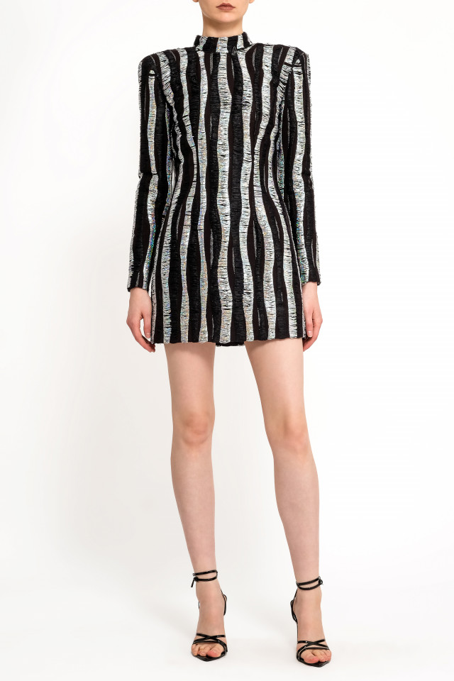 ROCHIE STRUCTURATĂ DIN MIX TWEED ARGINTIU CU NEGRU