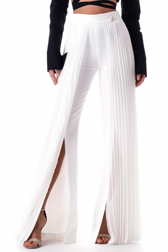 WHITE TROUSERS WITH PLEATED CHIFFON ON THE SIDES