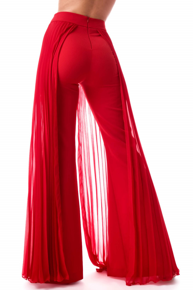 RED TROUSERS WITH PLEATED CHIFFON ON THE SIDES