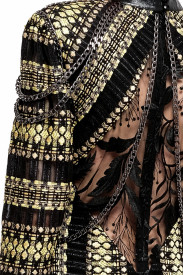 BLACK AND YELLOW MIX TWEED MIDI DRESS WITH LACE INSERTS