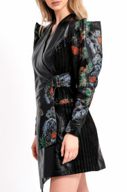 PATENT LEATHER LONG JACKET WITH STRUCTURED BROCARD PUFF SLEEVES