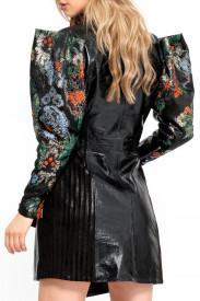 PATENT LEATHER LONG JACKET WITH STRUCTURED BROCARD PUFF SLEEVES