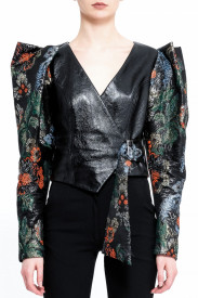 PATENT LEATHER JACKET WITH STRUCTURED BROCARD PUFF SLEEVES