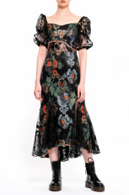ROCHIE MIDI DIN BROCARD CU INSERȚII DIN DANTELĂ NEAGRĂ