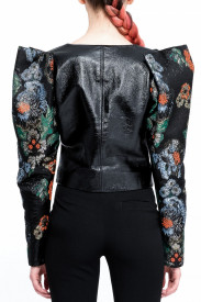 PATENT LEATHER JACKET WITH STRUCTURED BROCARD PUFF SLEEVES